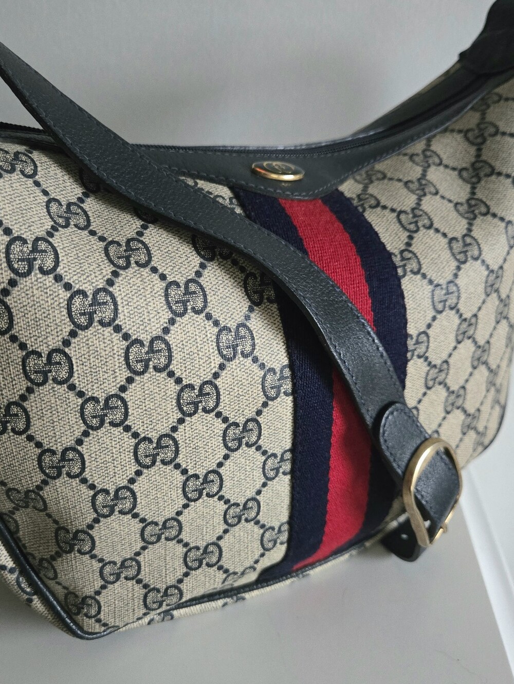 Authentic Gucci GG Supreme Vintage Sherry Line Hobo Bag navy